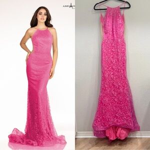 Size 12 NWT Lucci Lu 90089 Hot Pink Glitter Tulle with Train Gown Prom Dress‎